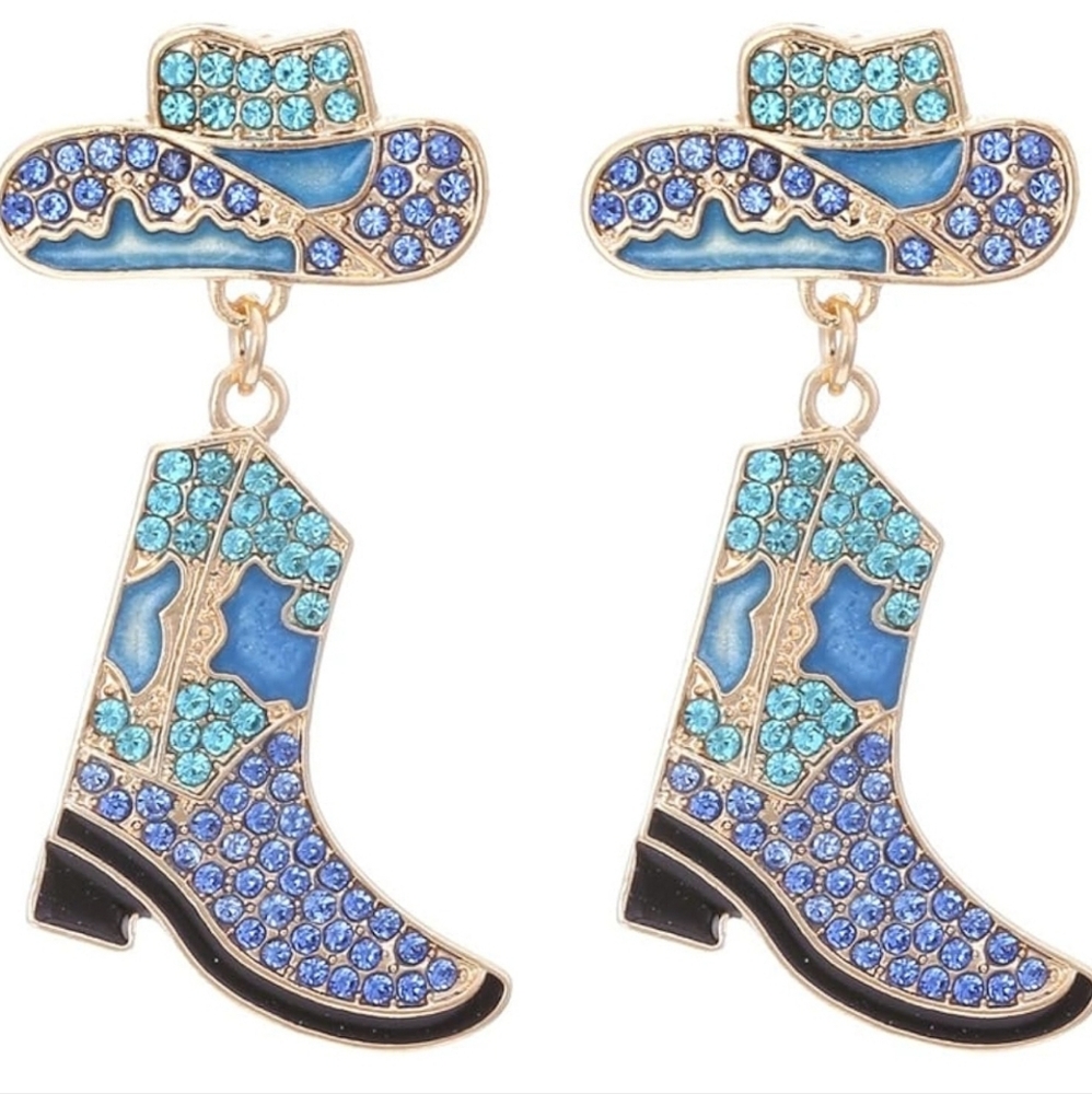 "Western" Blue Boots Drop Earrings Rhinestone